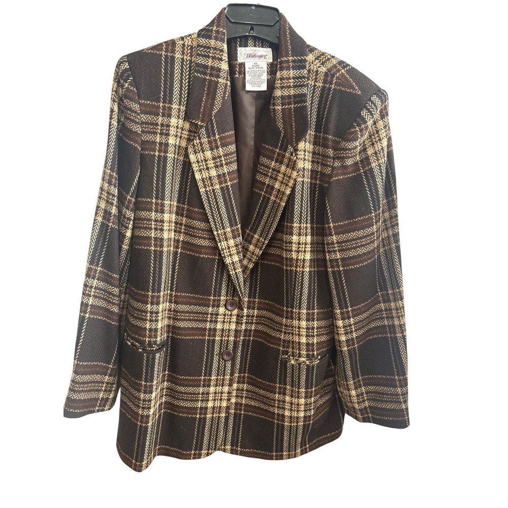 Vintage Worthington Wool Blend Plaid Blazer 16W Brown Checkered Retro Academia